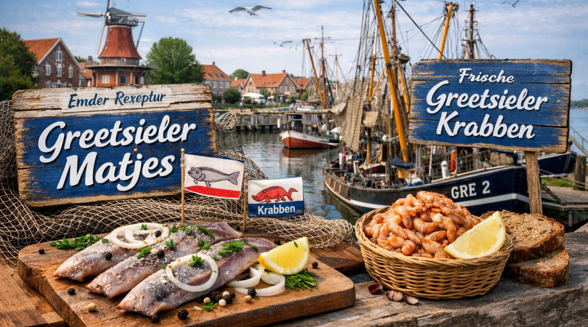 Greetsieler Hafen mit traditionellen Fischkuttern im Hintergrund, im Vordergrund angerichteter Greetsieler Matjes nach Emder Rezeptur und frische Greetsieler Krabben auf einem Holztisch, dargestellt als neue kulinarische Spezialitäten des Küstenortes Greetsiel.