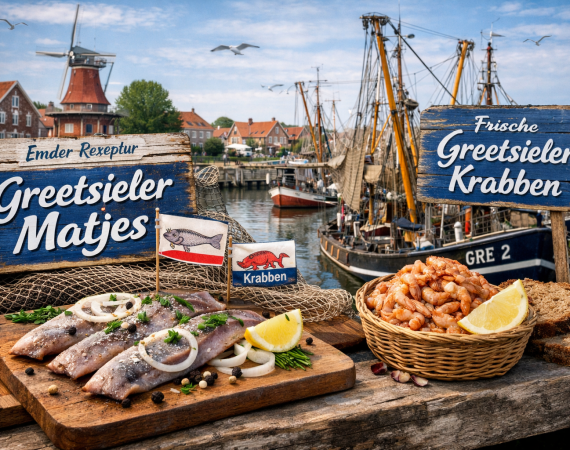 Greetsieler Hafen mit traditionellen Fischkuttern im Hintergrund, im Vordergrund angerichteter Greetsieler Matjes nach Emder Rezeptur und frische Greetsieler Krabben auf einem Holztisch, dargestellt als neue kulinarische Spezialitäten des Küstenortes Greetsiel.