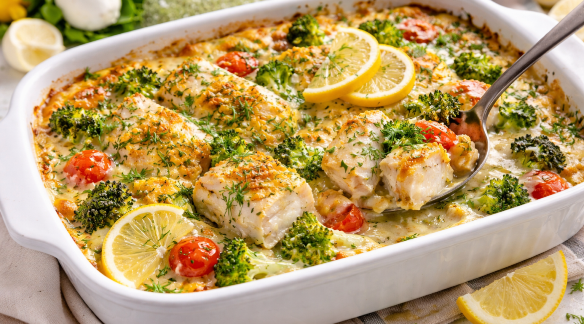 Fischfilet auf GEmüse in einer weißen Auflaufform