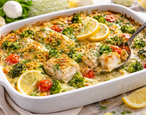 Fischfilet auf GEmüse in einer weißen Auflaufform