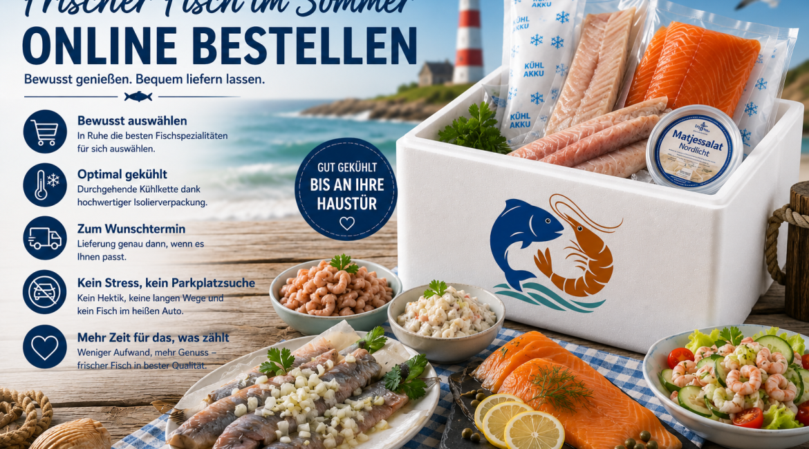 Isolierte Versandbox mit frischem Fisch, Lachs, Matjessalat und Krabben am Strand – sicher gekühlt zum Wunschtermin nach Hause geliefert.