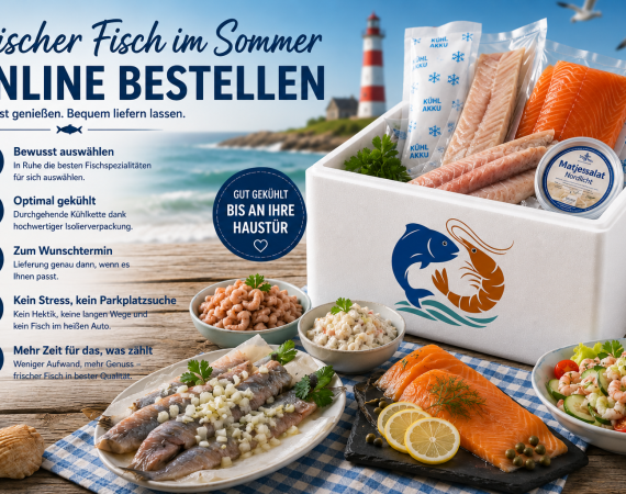 Isolierte Versandbox mit frischem Fisch, Lachs, Matjessalat und Krabben am Strand – sicher gekühlt zum Wunschtermin nach Hause geliefert.