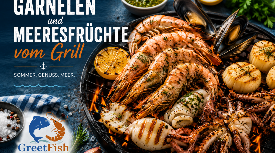 Frische Garnelen und Meeresfrüchte vom Grill mit Tintenfisch, Jakobsmuscheln und Muscheln, serviert mit Zitrone und Kräutern. Mediterraner Grillgenuss mit hochwertiger Fischfeinkost von GreetFish.