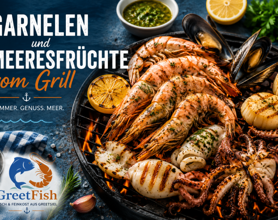 Frische Garnelen und Meeresfrüchte vom Grill mit Tintenfisch, Jakobsmuscheln und Muscheln, serviert mit Zitrone und Kräutern. Mediterraner Grillgenuss mit hochwertiger Fischfeinkost von GreetFish.