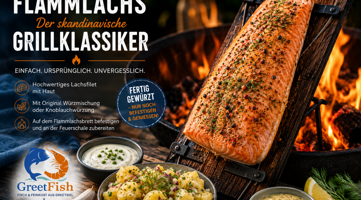 Saftiger Flammlachs auf einem Flammlachsbrett an der Feuerschale zubereitet. Gewürztes Lachsfilet mit Original- oder Knoblauchwürzung, serviert mit Kartoffelsalat sowie Knoblauch- und Senf-Honig-Dill-Sauce.