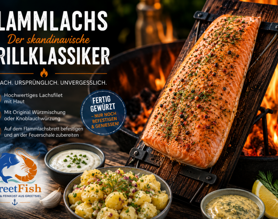 Saftiger Flammlachs auf einem Flammlachsbrett an der Feuerschale zubereitet. Gewürztes Lachsfilet mit Original- oder Knoblauchwürzung, serviert mit Kartoffelsalat sowie Knoblauch- und Senf-Honig-Dill-Sauce.