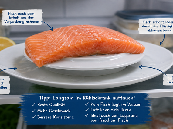 Fisch im Kühlschrank erhöht auftauen, damit Tauwasser abläuft und Luft zirkuliert.