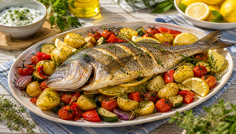 Sommer-Dorade mit mediterranem Gemüse und Zitronen-Kräuter-Kartoffeln