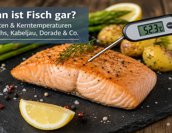 Lachsfilet mit Küchenthermometer zur Kontrolle der Kerntemperatur beim Garen von Fisch