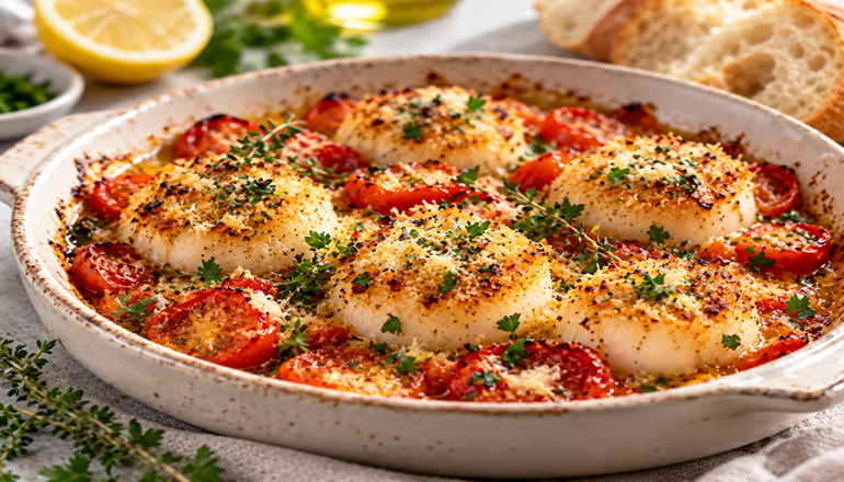 Jakobsmuscheln aus dem Ofen mit Tomaten, Kräutern und Parmesan