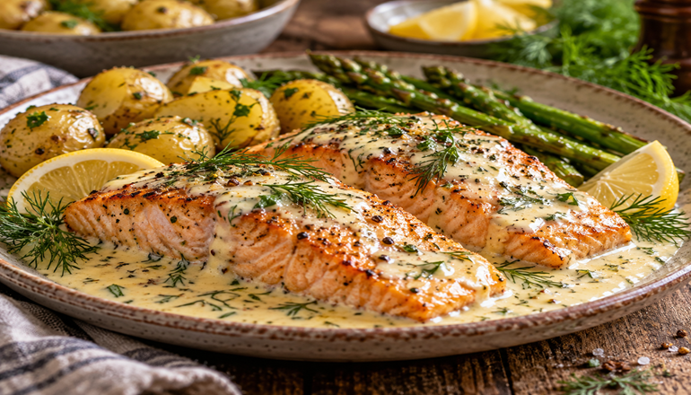 Lachs in cremiger Zitronen-Dill-Sauce