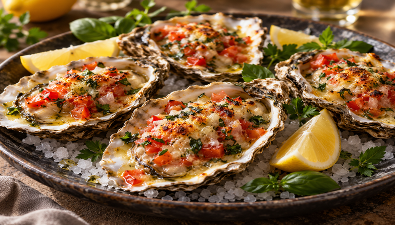 Mediterrane Austern aus dem Ofen mit Tomate und Parmesan
