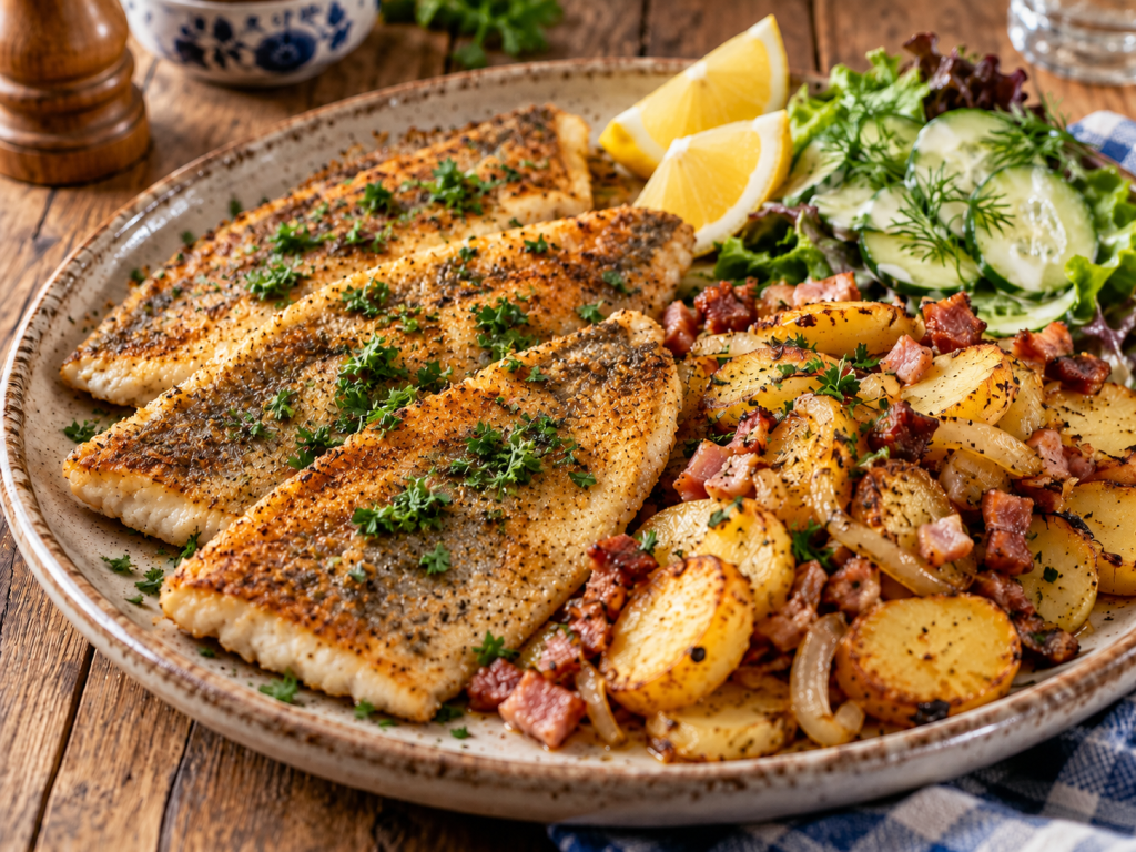 Ostfriesische Scharbe mit Speck und Bratkartoffeln