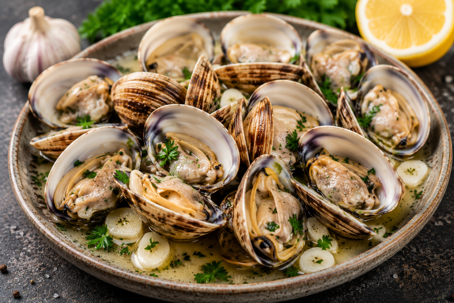 Venusmuscheln in Schale mit Knoblauch und Kräutern