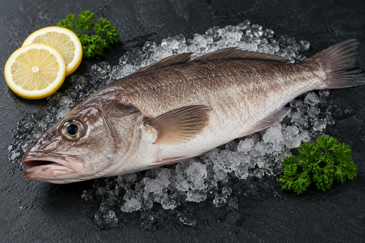 Umberfisch auf Eis mit Zitronenscheib
