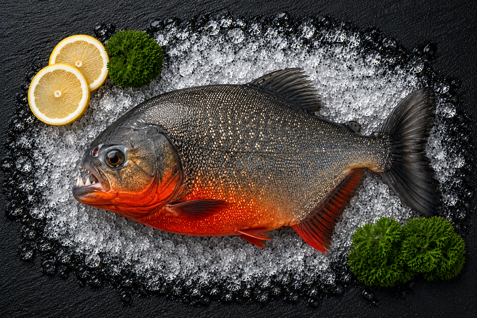 Piranha auf Eis mit Zitronenscheib