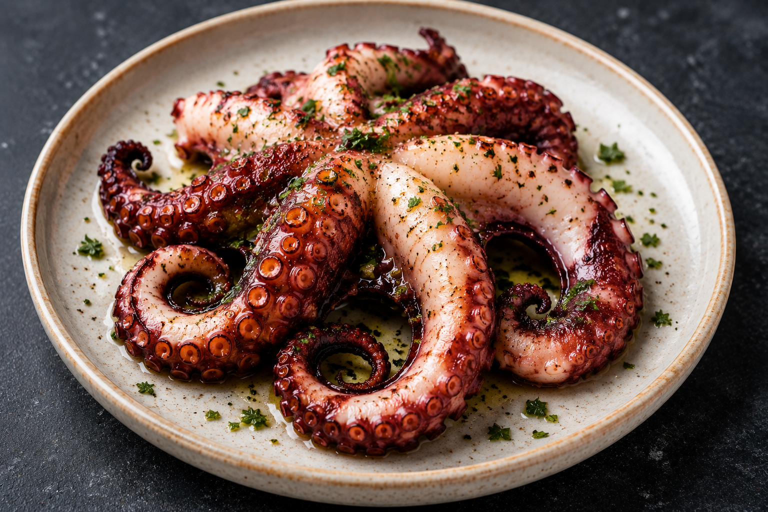 OPktopus auf Teller mit Kräutern