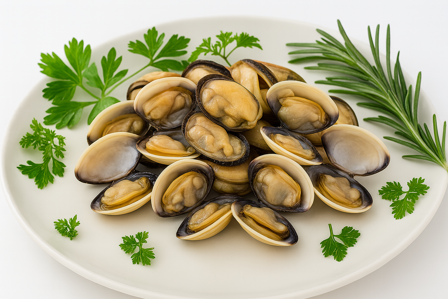 Frische Venusmuschel (Veneridae) in der Schale, appetitlich präsentiert – typisch für die Familie der Venusmuscheln.