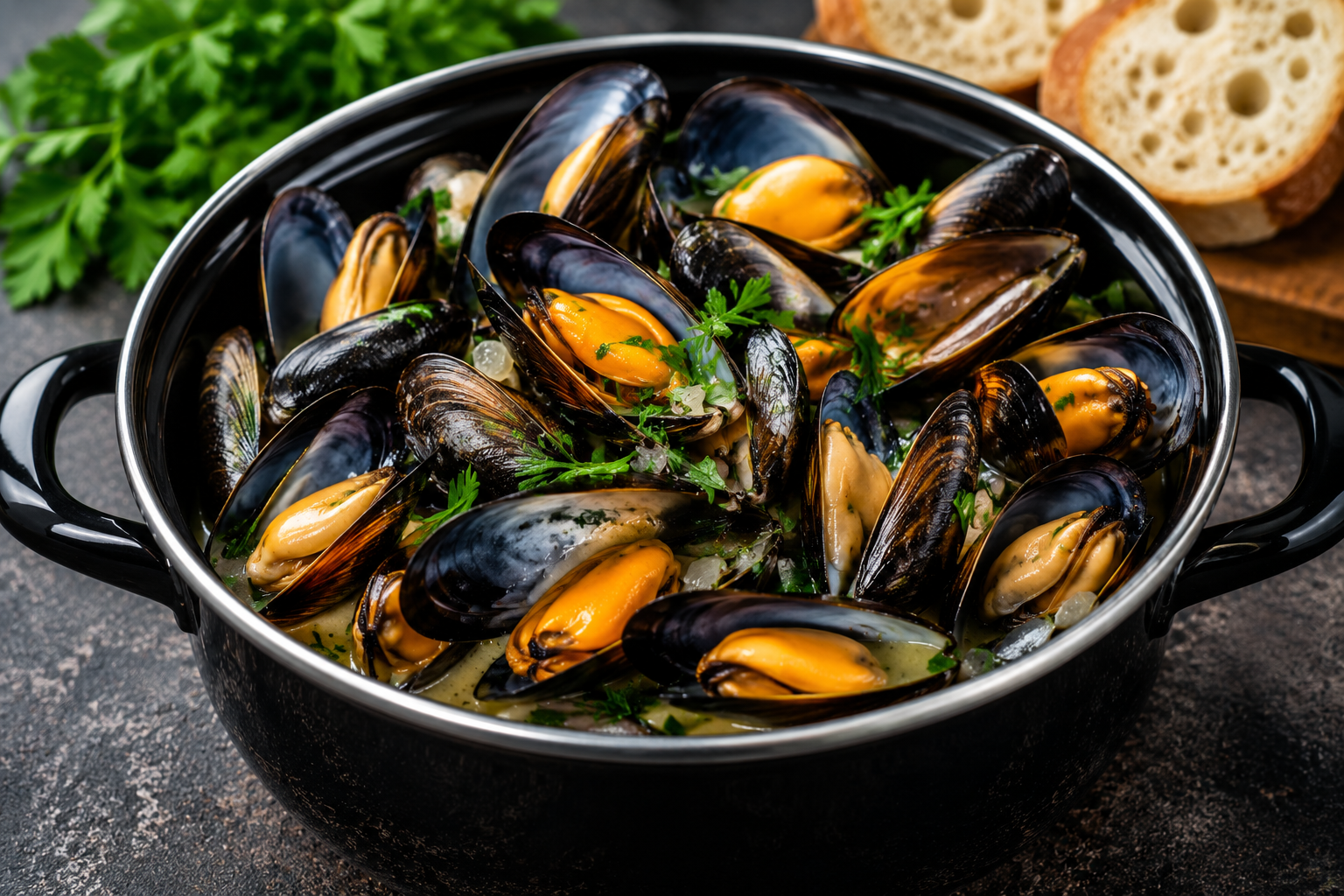 Miesmuscheln in einem Topf mit Kräutern