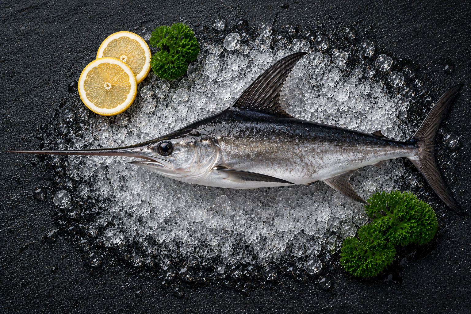 Schwertfisch auf Eis mit Zitronenscheib