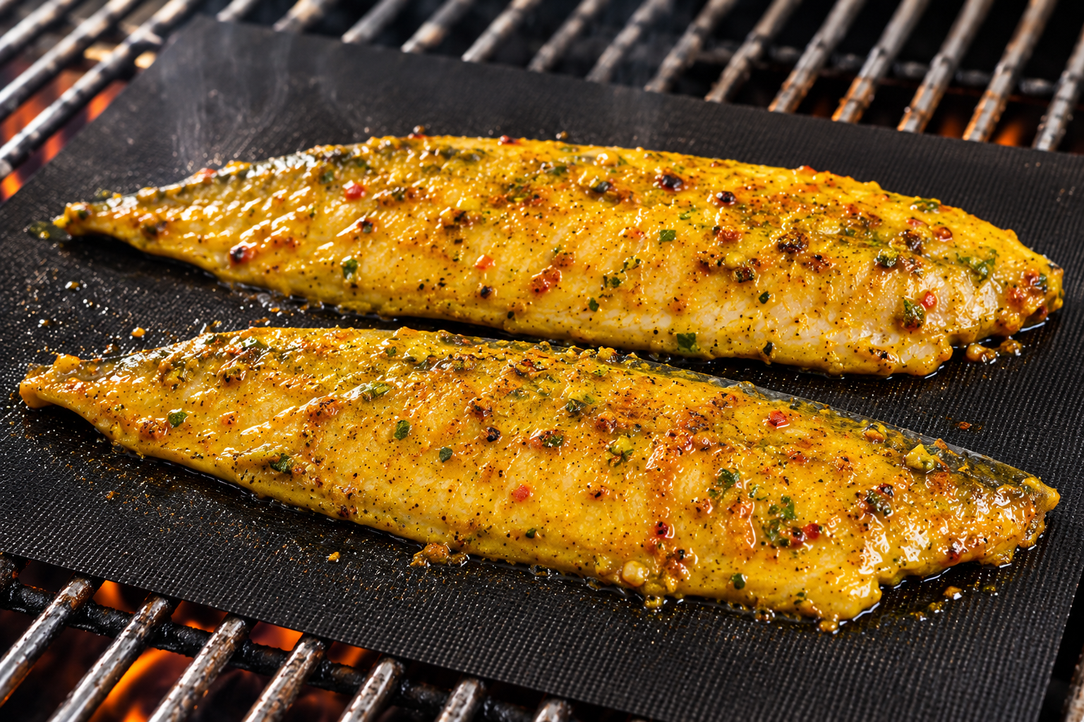 auf einer Grillmatte: Makrelenefilet grillfertig