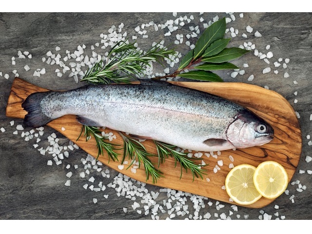 Frischer Fisch (ganzer) auf Holzbrett mit Rosmarin, Lorbeerblättern, Zitronenscheiben und grobem Salz.